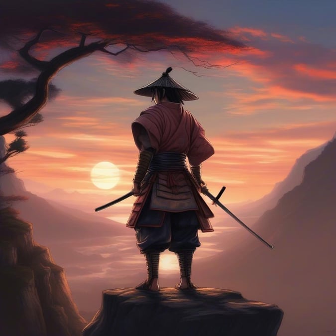 In this captivating scene, a samurai stands poised atop a rocky outcrop overlooking a tranquil valley. The warm glow of the setting sun paints the sky with hues of orange and red. A solitary figure in an elaborate costume holds aloft his sword, silhouetted against the vibrant backdrop, exuding an air of calmness and focus.