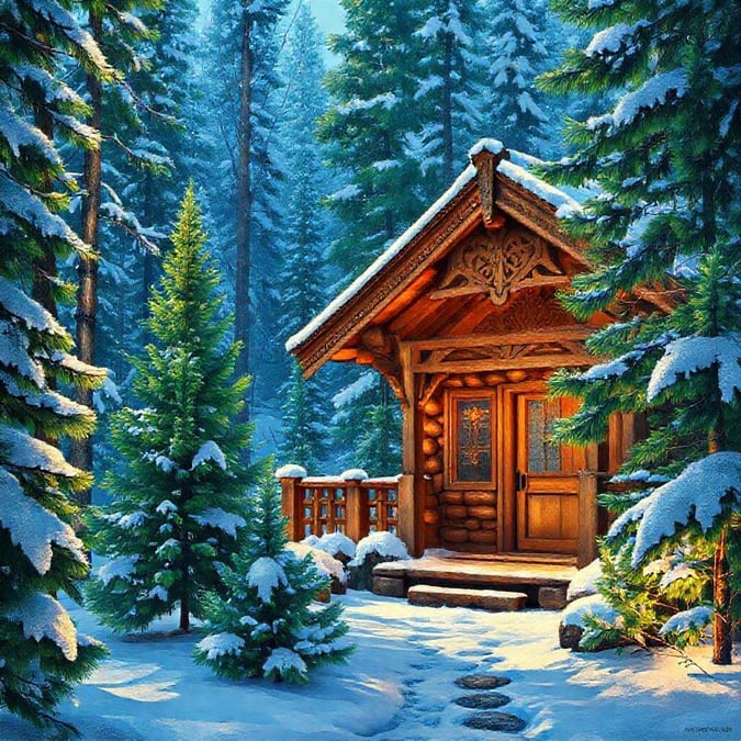 Snow-covered log cabin nestled among tall pines, evoking a cozy, rustic retreat.