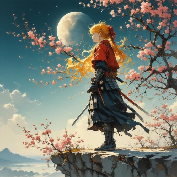 Immerse yourself in the serene beauty of this anime-style wallpaper, featuring a young samurai standing on a cliff's edge, surrounded by the ethereal glow of the moonlit sky and the delicate pink blossoms.