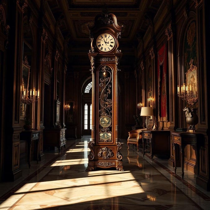 This opulent hallway exudes luxury with its grandfather clock standing as the centerpiece, surrounded by ornate wallpaper and fine furnishings.