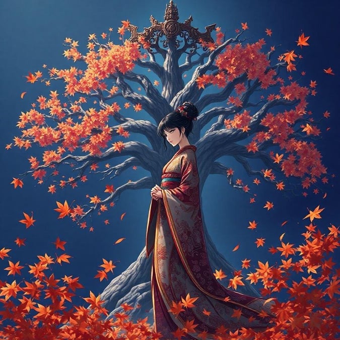 A beautiful anime illustration of a regal woman standing before an intricate tree with a majestic crown, surrounded by autumn leaves.