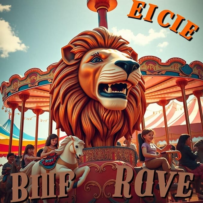 Bringing the joy of a carnival to your screen with this vibrant wallpaper featuring a whimsical carousel and a lion statue that's sure to bring a smile.