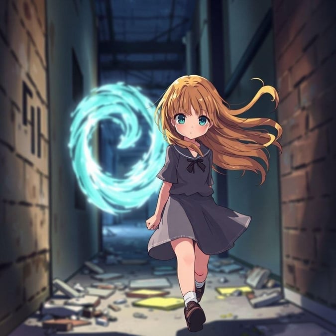 This captivating anime wallpaper features a young girl navigating through an abandoned alleyway, surrounded by a mysterious portal and long brown hair that adds movement to the scene. The illustration exudes a sense of adventure and intrigue, with a blurred background that draws attention to her enigmatic presence.