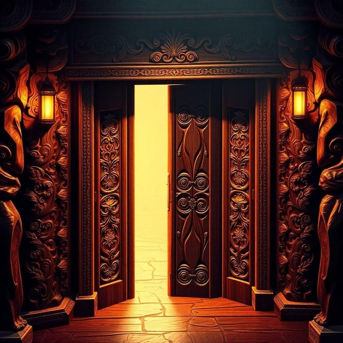 A mysterious passage leading to the unknown, with an ancient door adorned in intricate carvings.