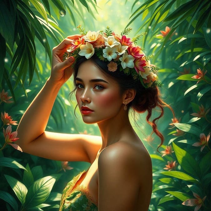 Immerse yourself in the serene beauty of an enchanted garden. This digital wallpaper captures a moment of tranquility and natural elegance, featuring a woman adorned with a floral crown amidst lush foliage.