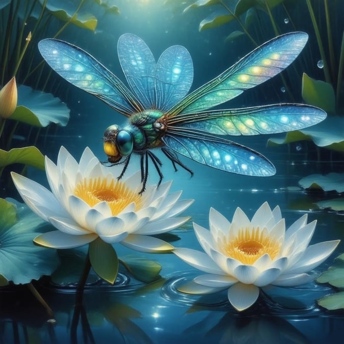 Immerse yourself in the tranquil beauty of this digital illustration, where a majestic dragonfly dances above a serene pond, surrounded by the elegance of a lotus flower.