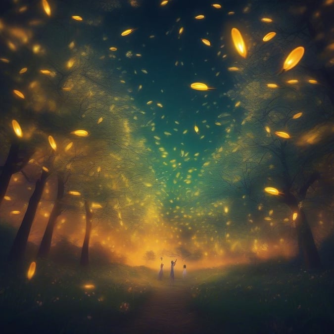 This abstract wallpaper features a serene forest scene with fireflies lighting up the night sky. The soft, glowing lights create a peaceful and enchanting atmosphere, perfect for a desktop or mobile background.