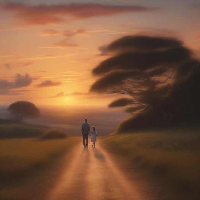 Celebrate the bond between fathers and their children with this beautiful image of a father and child walking hand in hand at sunset, symbolizing togetherness and love.