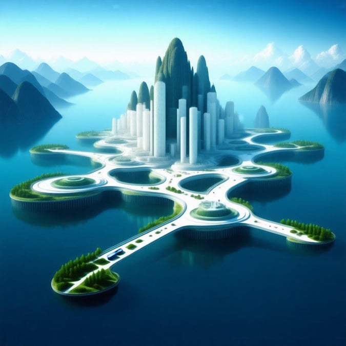 A modern architecture marvel atop floating islands, symbolizing the intersection of nature and urban development.