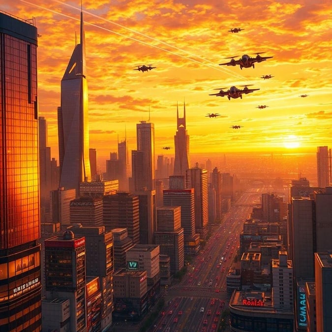 Immerse yourself in the vibrant world of anime with this stunning cityscape at sunset. The warm orange and yellow hues paint a breathtaking backdrop for towering skyscrapers and flying cars, creating a sense of motion and tranquility.