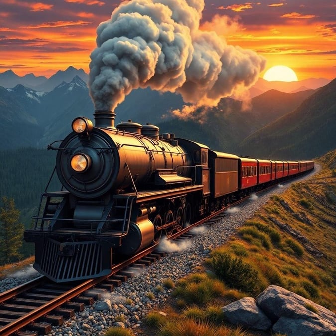 Experience the breathtaking beauty of nature as a powerful locomotive pulls you through stunning landscapes, crossing majestic mountains under an endless sky.