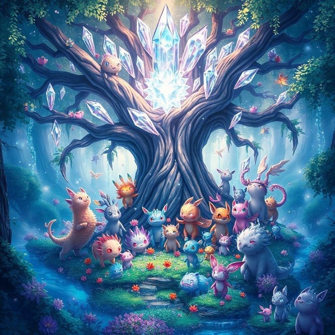 A magical gathering of creatures under the light of a mysterious crystal tree.