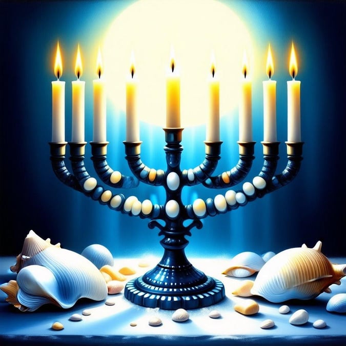 A serene digital illustration capturing the spirit of a traditional Hanukkah celebration, with a lit menorah as the centerpiece, set against a backdrop of seashells and a crescent moon.