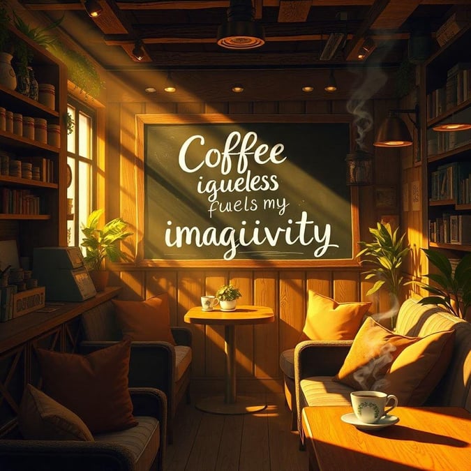 This quote wallpaper for coffee lovers features the inspirational line 'Coffee, quite less, fuels my imagination'. Perfect for a desktop or mobile background to inspire your daily dose of creativity.