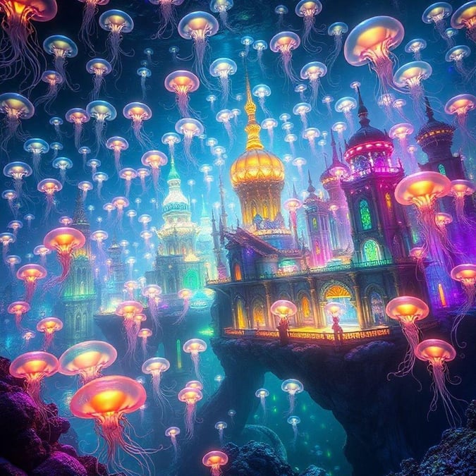 Explore the mystical pearl kingdom where a majestic castle is enveloped by swarms of luminescent jellyfish. Venture into this enchanting underwater fantasy world.