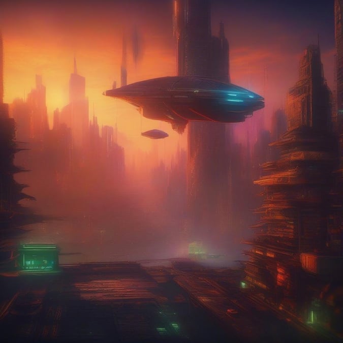 A breathtaking view of an extraterrestrial invasion in a futuristic city skyline. The aliens are landing their sleek spaceship, with the cityscape forming an intricate backdrop.