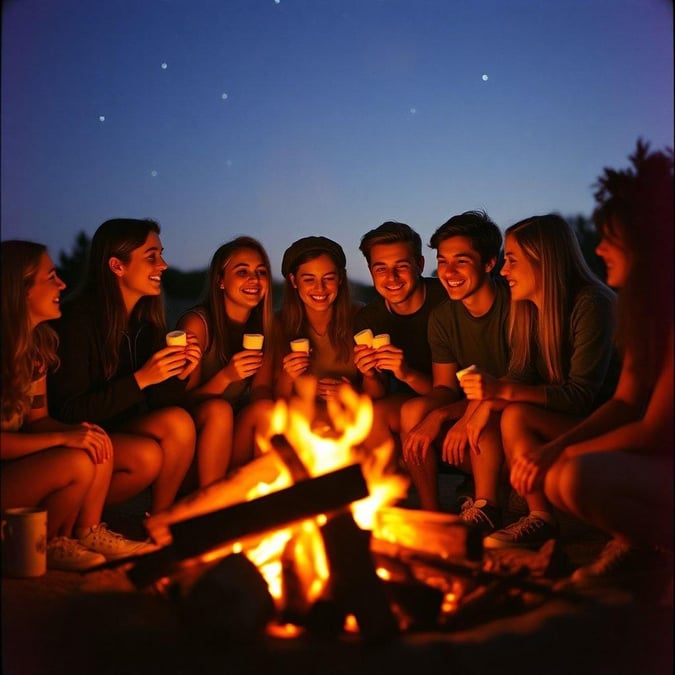 A group of friends enjoying a campfire and making s'mores together.