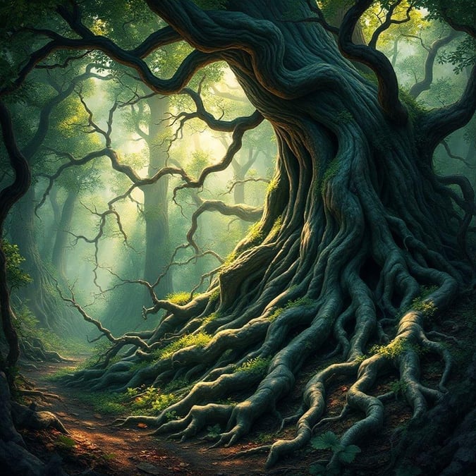 Stroll through the enchanting forest and find your path towards the heart of nature. This breathtaking 3D art wallpaper will make you feel as if you're right there, surrounded by the lush beauty of a thousand-year-old tree with its intricate roots winding their way through the earth.