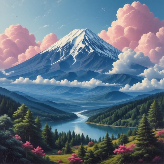 Immerse yourself in the serene beauty of this anime-style landscape, where Mount Fuji stands majestically amidst vibrant pink clouds in a lush valley, blending nature and technology in perfect harmony.