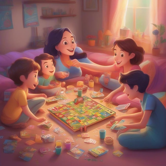 Celebrate Mother's Day with the joyous bonding activity of a family game night! A woman and her children sit together on the floor, engrossed in a game of Scrabble that sparks laughter and friendly competition.