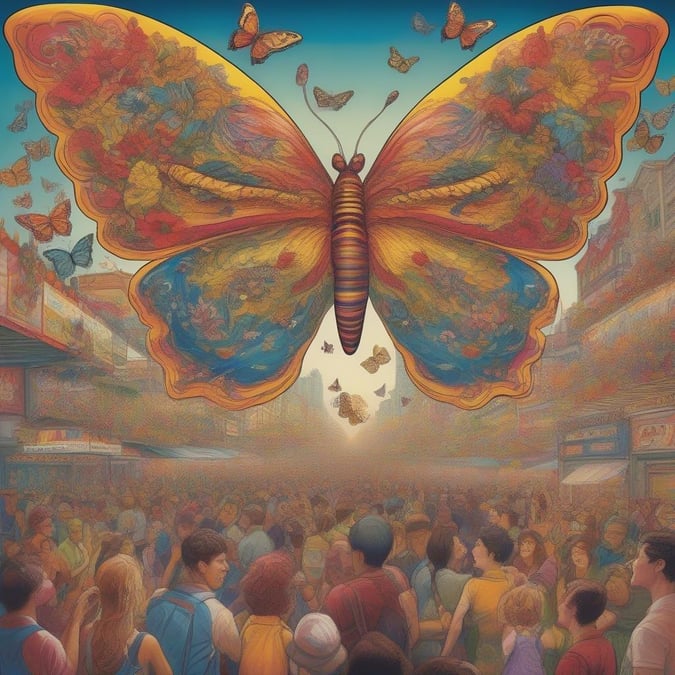 Brightly colored butterfly soaring high over a lively carnival, with its wings spread wide in vibrant shades of yellow, blue, and red. Below, people enjoy the festive atmosphere of bustling game stalls, cotton candy stands, and bright lights illuminating the night.