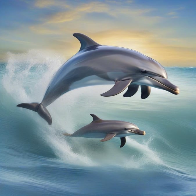 This image captures the beauty of marine life as seen through the delightful sight of a mother dolphin guiding her baby in a serene ocean setting.