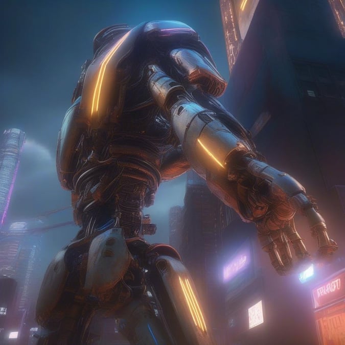 Welcome to a futuristic city where the neon lights never stop burning. A towering mech stands sentinel amidst the urban jungle, ready for action in the heart of the night.