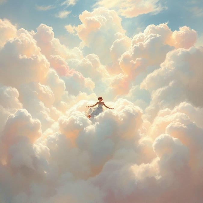 An uplifting digital art piece that transcends the ordinary, capturing a moment of ethereal beauty. A young girl is depicted soaring on the back of whimsical clouds, as if she's become one with the sky. This inspiring wallpaper would suit those who seek to keep a touch of wonder and serenity in their daily lives.