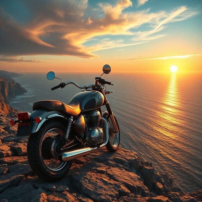 Experience the thrill of the open road with a stunning sunset as your backdrop. This motorcycle adventure captures the essence of freedom and exploration.