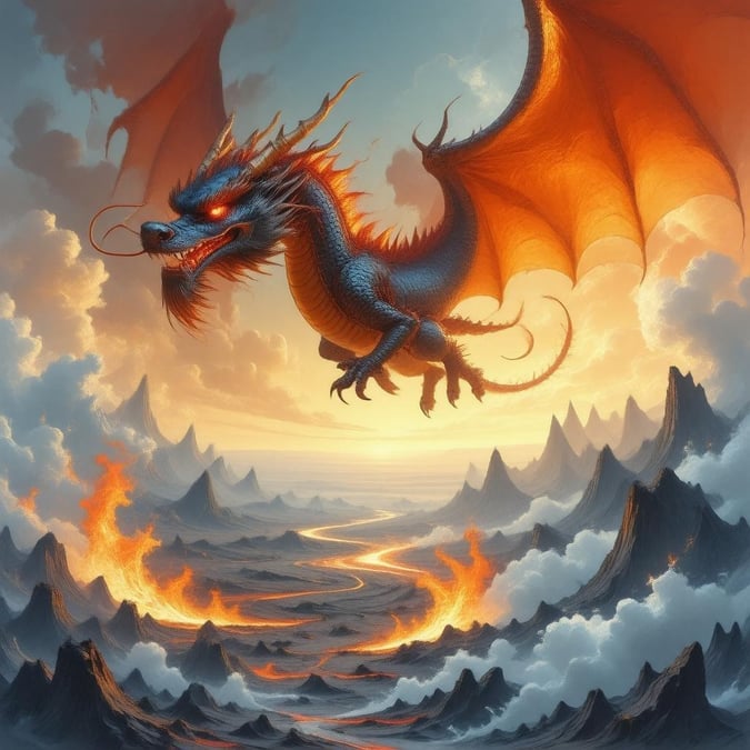 Experience the magic of anime with this captivating illustration of a dragon flying over a volcanic landscape. The dragon's fiery tail and glowing red eyes add to the dramatic effect, while the orange and yellow hues of the sky create a sense of warmth and energy.