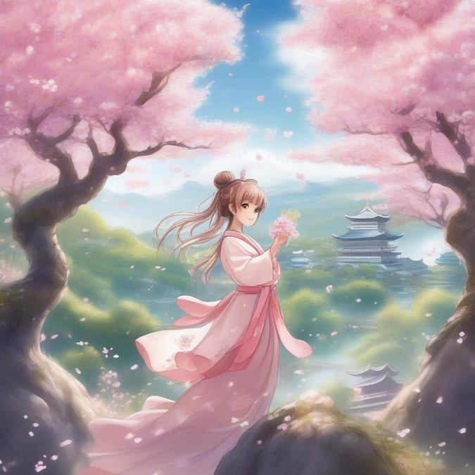 A girl in traditional Japanese clothing stands among cherry blossom trees, holding flowers. The scene is peaceful and picturesque, perfect for a serene wallpaper.