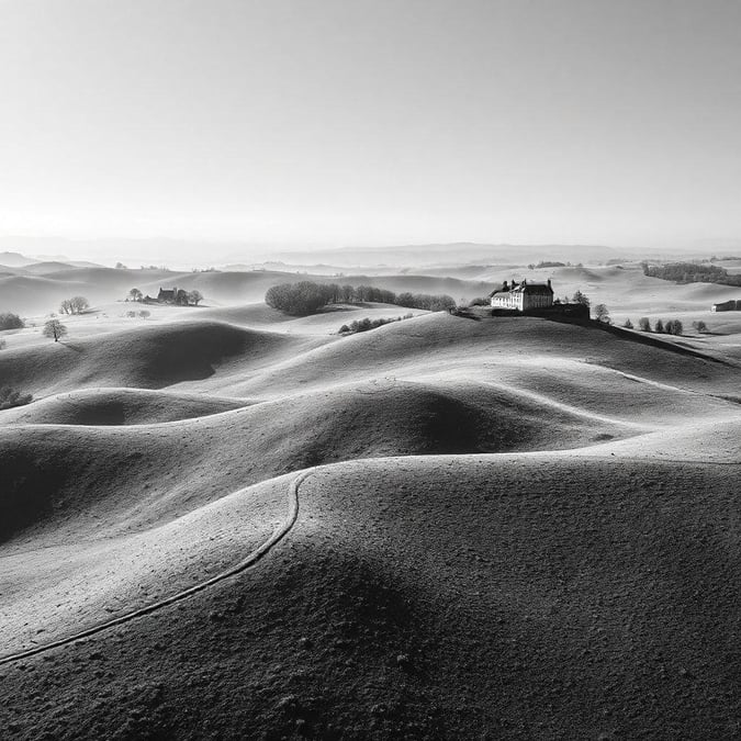 A serene black and white view of undulating hills, fields, and houses bathed in sunlight. A peaceful rural landscape to start your day with.