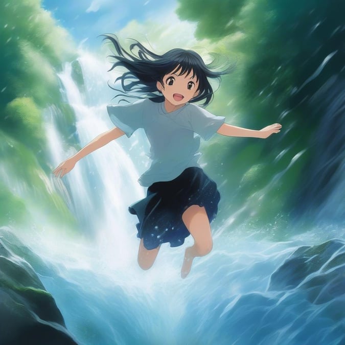 This anime wallpaper showcases a young girl in black and white, leaping through a misty waterfall, with her hair flowing like a waterfall. The background is a blur of green and blue, adding mystery to the scene. The image captures a captivating and energetic moment, with the girl's motion and energy evident.