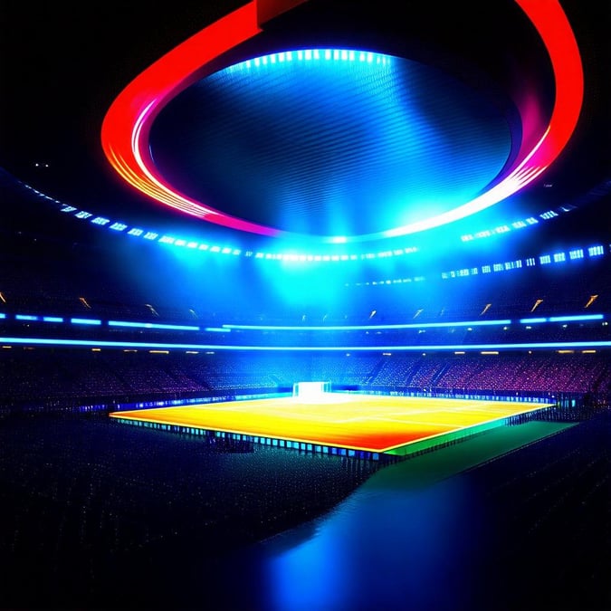 A cyber neon lit sports arena, illuminated with an inviting glow. Get ready to score!