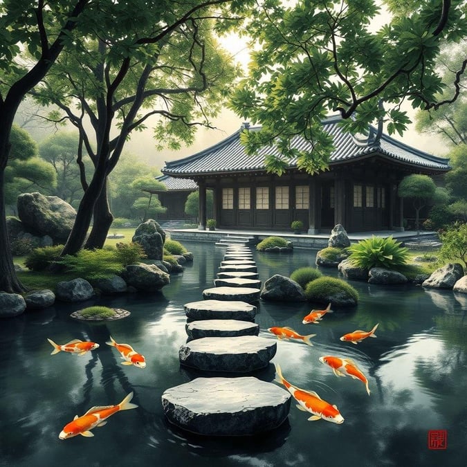 This serene image captures a tranquil Japanese koi pond, a symbol of peace and harmony. The vibrant orange and white koi fish swim gracefully around stepping stones, surrounded by lush greenery and a traditional Japanese-style building in the background. The image exudes a sense of calm and serenity, inviting the viewer to step into a peaceful world.