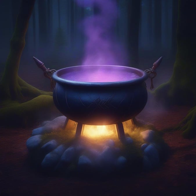 This haunting image captures a cauldron emitting purple smoke, surrounded by darkness and shadows. The mysterious liquid inside the cauldron seems to be bubbling and steaming, adding to the sense of enchantment and wonder. Whether you're a fan of magic, mystery, or just looking for a unique wallpaper, this image is sure to cast a spell on you.