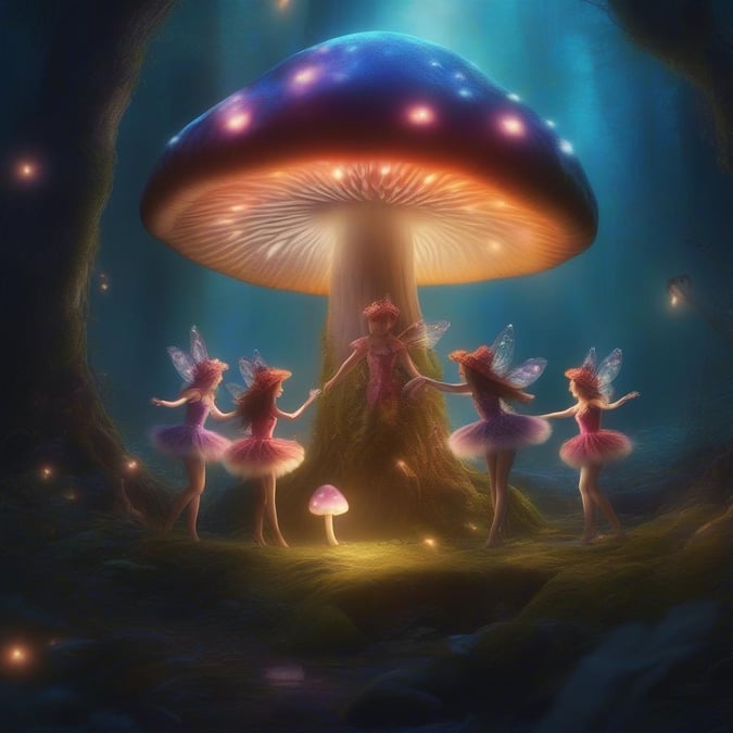 A captivating fantasy scene where four fairy maidens are gathered around a vibrant blue mushroom. They dance under the starlit night, their colorful dresses contrasted against the deep blue of the forest around them.