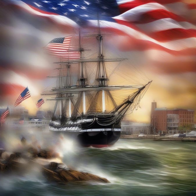 A stunning scene set on the Fourth of July, with an American flag ship coming into port against a backdrop of fireworks in celebration.