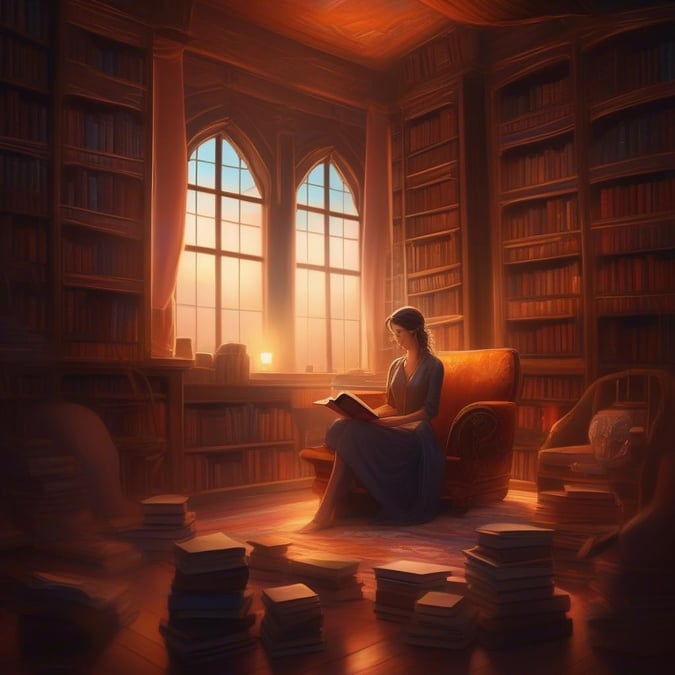 This image captures the serene atmosphere of a woman reading in a library, surrounded by books and natural light. The woman is sitting comfortably in a chair, engrossed in her book, with the warm glow of the sun shining through the window behind her. The room is filled with tall bookshelves, creating a cozy and intimate space for reading and learning.