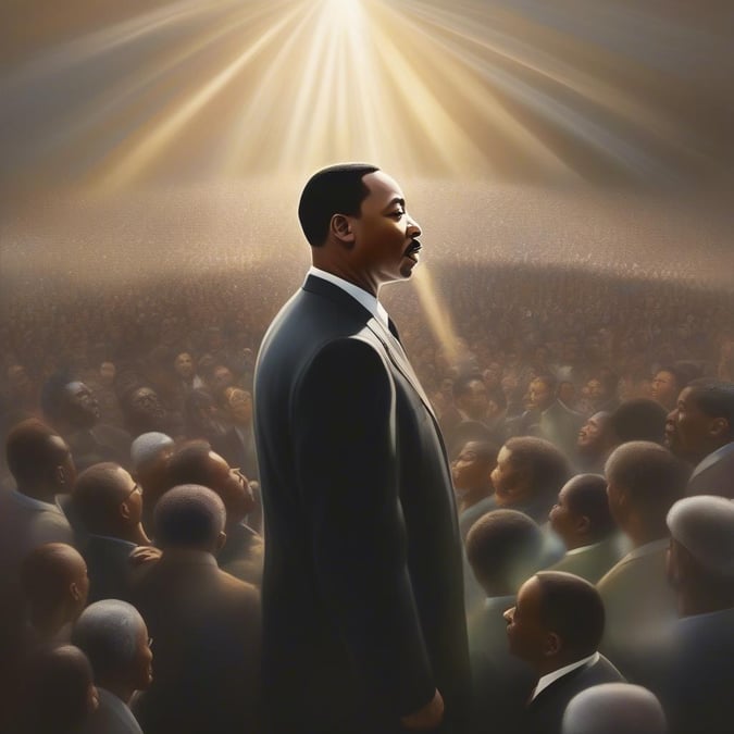 This stunning wallpaper features Martin Luther King Jr. standing in front of a crowd, exuding a sense of calm and determination. The image captures the essence of his iconic status as a civil rights leader, with the crowd in the background adding depth and context to the scene.