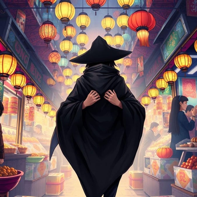 This captivating digital illustration transports us to a bustling food market, where a mysterious figure in a black cloak and hat walks through the stalls, their hands grasping the cloak, adding an air of intrigue to the vibrant scene.