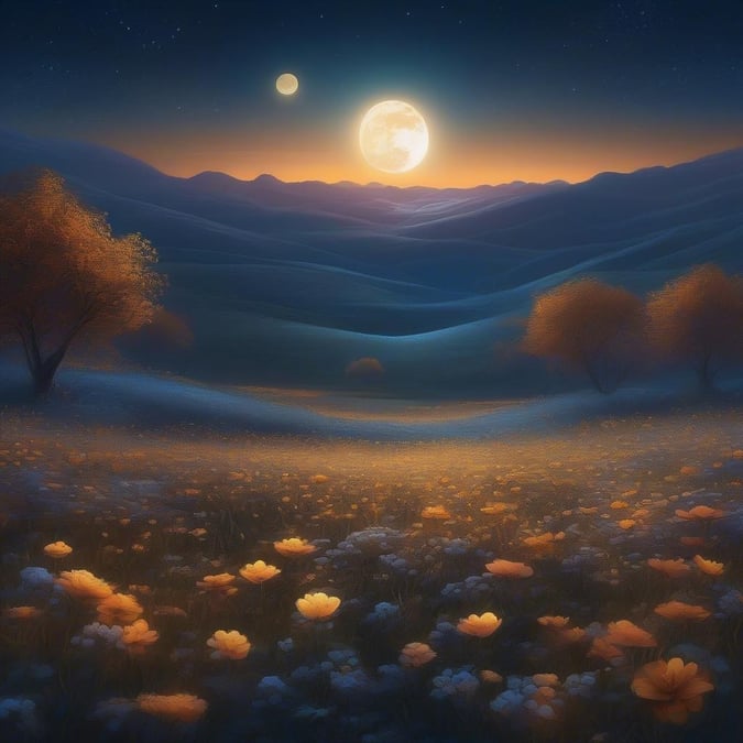 A tranquil scene of a field filled with flowers bathed in the soft glow of a full moon, painted by the warm hues of a sunset.