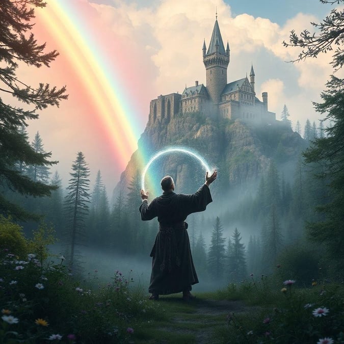 This enchanting wallpaper features a wizard standing in front of a majestic castle, surrounded by lush greenery and a vibrant rainbow. The wizard's robes billow in the wind as he gazes up at the castle, evoking a sense of wonder and magic. The image is a perfect representation of the Fantasy Creatures category, with its fantastical elements and dreamy atmosphere.