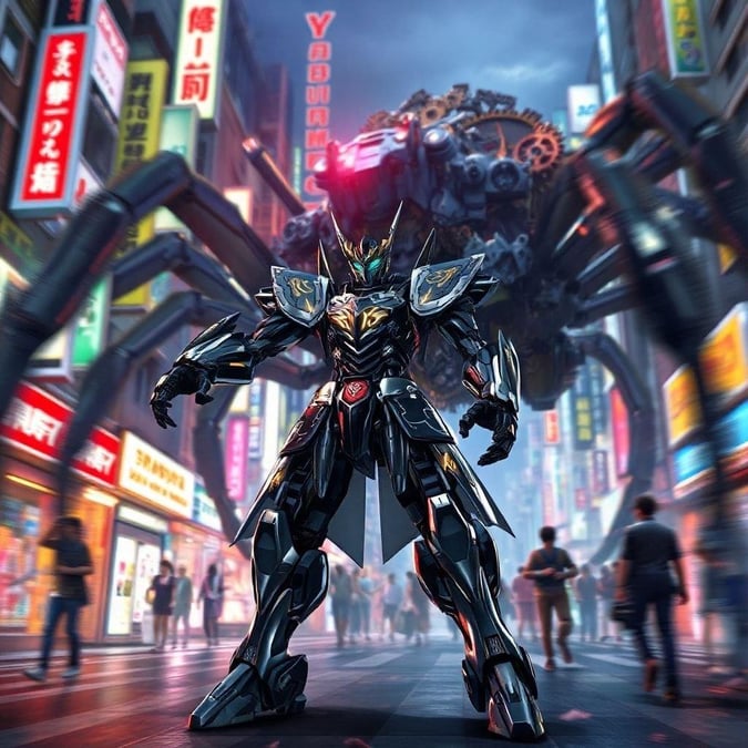 Get ready for an epic battle between a robot samurai and a giant mechanical spider in this anime-inspired wallpaper. With its sleek black and silver armor, the robot stands tall against the steampunk-inspired spider, ready to take on the challenge.