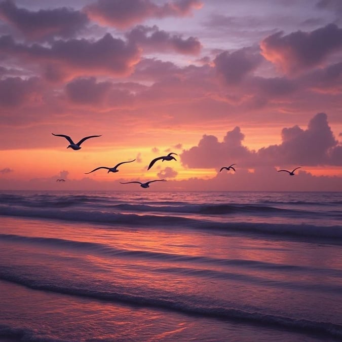 A tranquil beach scene as the day fades into night, with a few seagulls soaring through the sky at dusk.