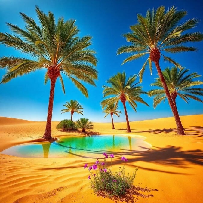 A serene beach scene with palm trees against the blue sky.