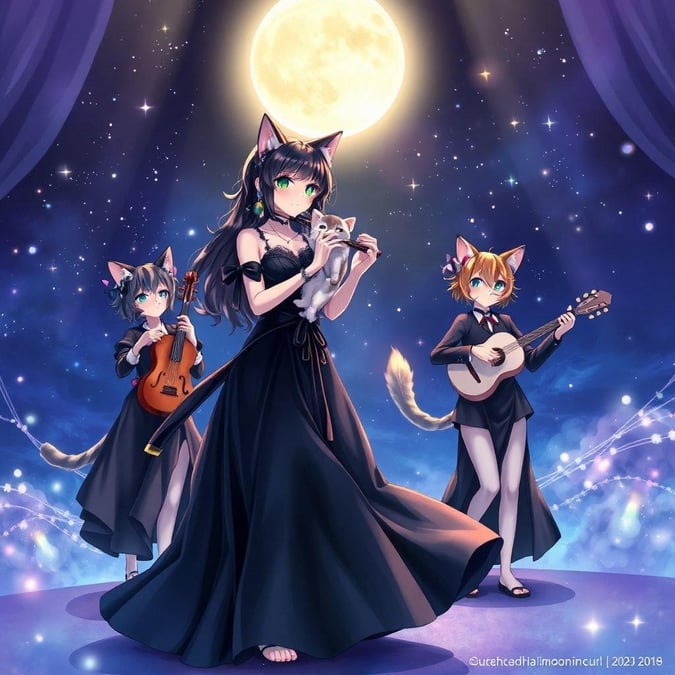 This enchanting digital illustration captures the essence of a mystical nighttime scene, where a group of catgirls come together to play musical instruments. The central figure, a woman in a black dress, holds a flute and a cat, while the other two are clad in black, standing on a stage. The moonlit sky adds to the mystical atmosphere, creating an enchanting scene.