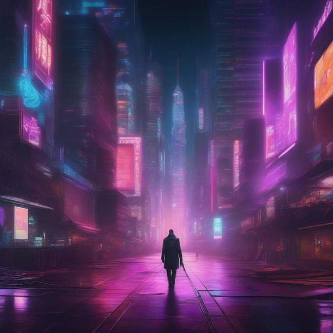 This futuristic cityscape captures the neon lights and high-tech aesthetic of cyberpunk. A lone figure explores the rain-soaked streets, reflecting on their journey through this vibrant, bustling metropolis.