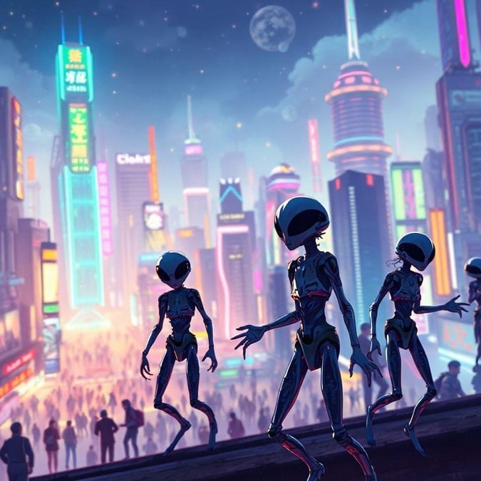 A lively city skyline under a vibrant neon glow, teeming with aliens dancing among the lights of the metropolis. A whimsical fusion of technology and humanity captured in a moment of wonder.