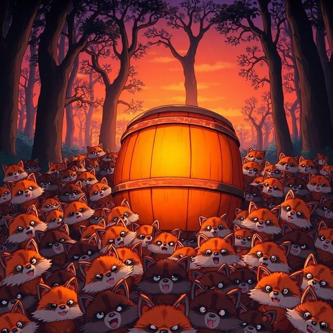 Une illustration anime vibrante d'un groupe de tanuki rassemblés autour d'un grand fût de sake, sur fond d'une forêt sombre et mystérieuse.